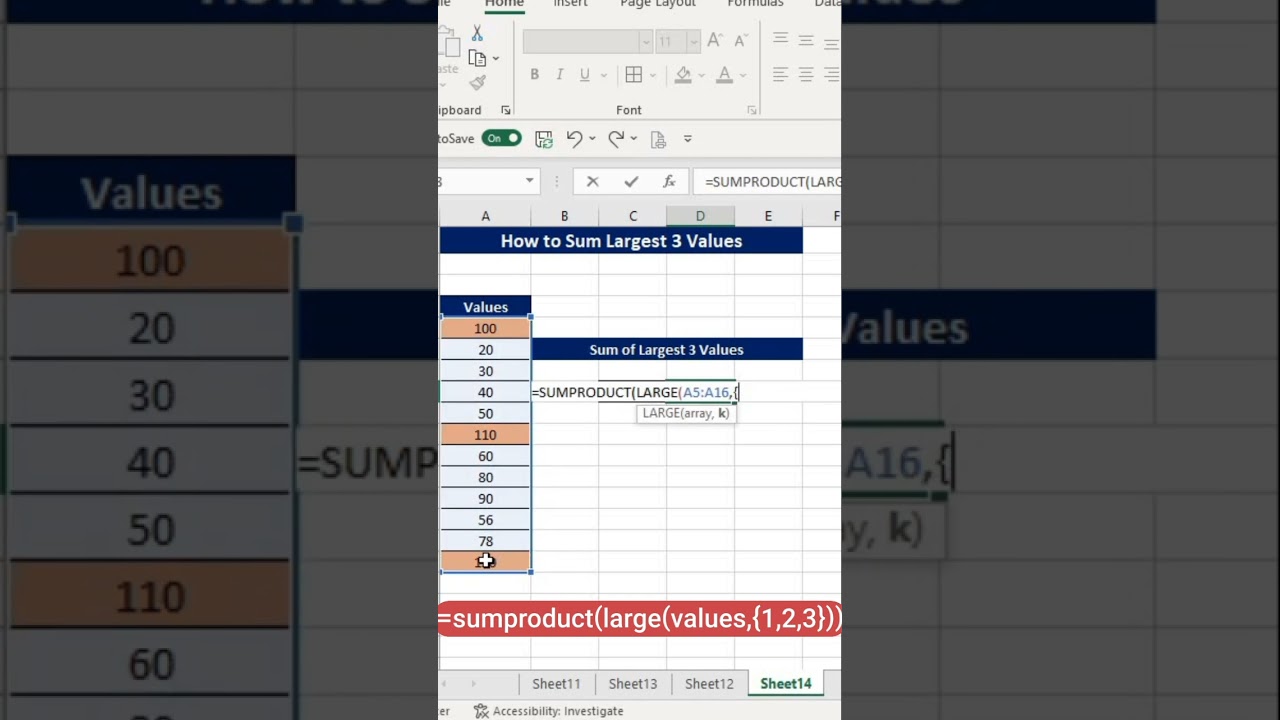 Sum of Largest 3 Values #excel #msexcel #shortsvideo #msexceltutorial #msexceltricks #ytshorts
