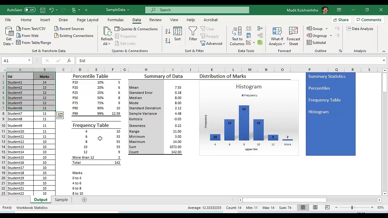 Statistics in Excel Tutorial 1.1.  Descriptive Statistics using Microsoft Excel