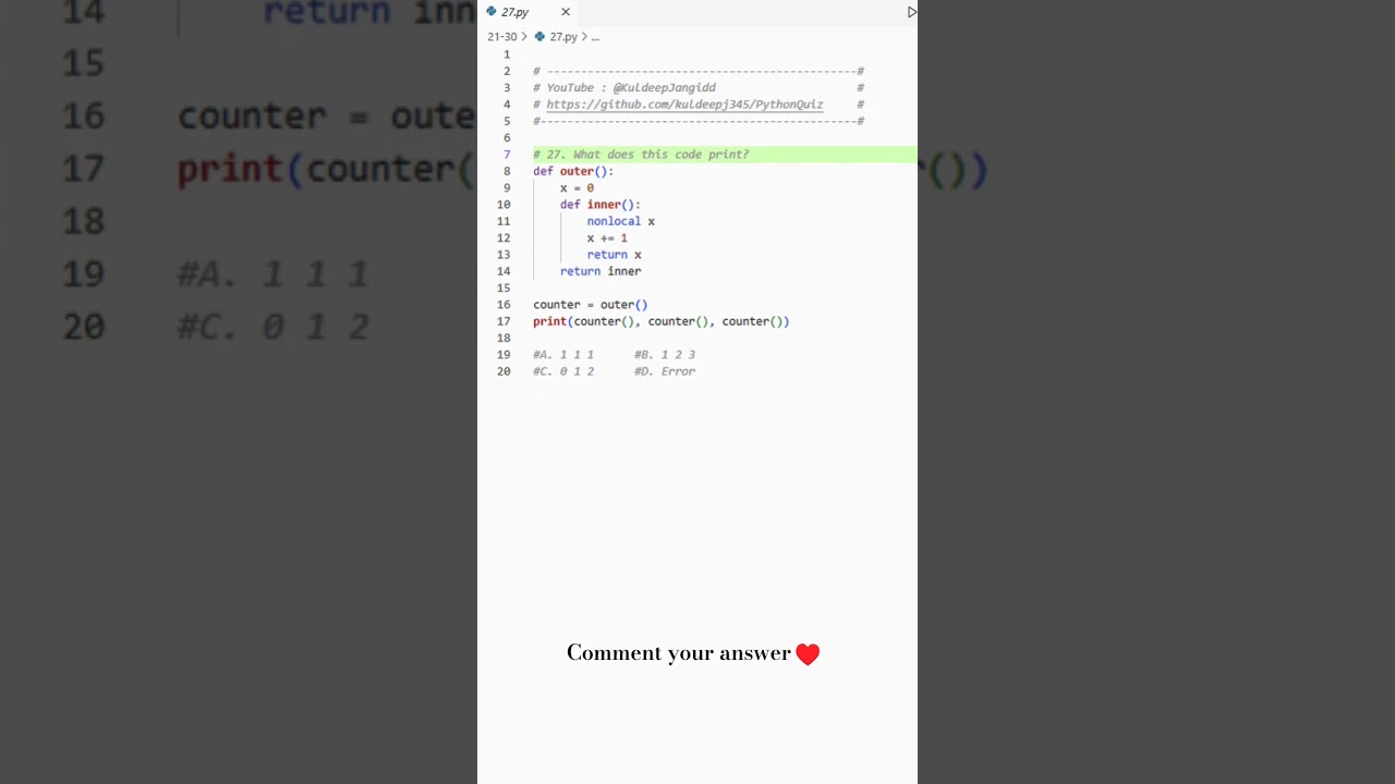 Question 27 : Easy python quiz #python #coding #learn #programming #kuldeepjangid #shorts