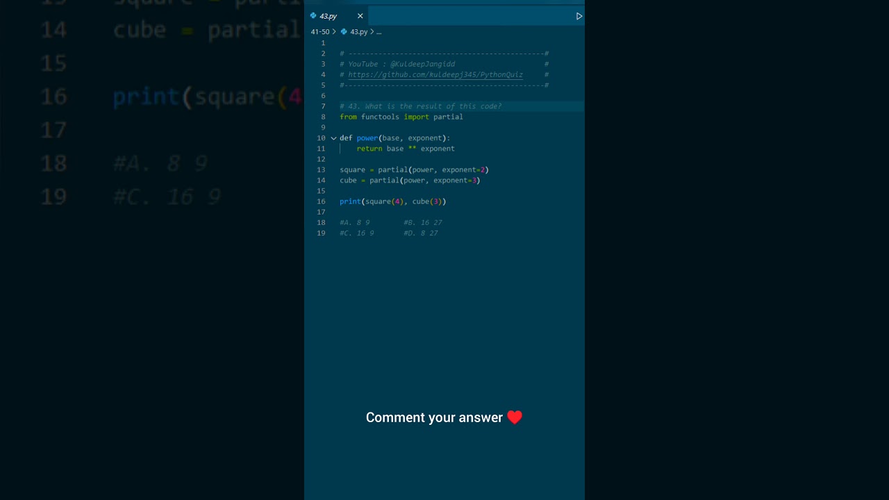 Question 43 : Easy python quiz #python #coding #learn #programming #kuldeepjangid #shorts