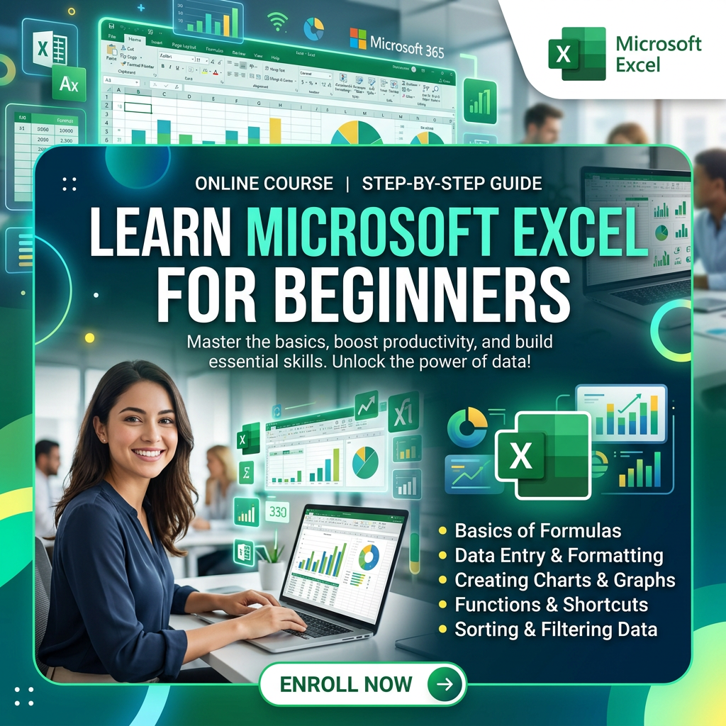 Online course advertisement for learning Microsoft Excel basics including formulas, data entry, charts, functions, and data sorting.