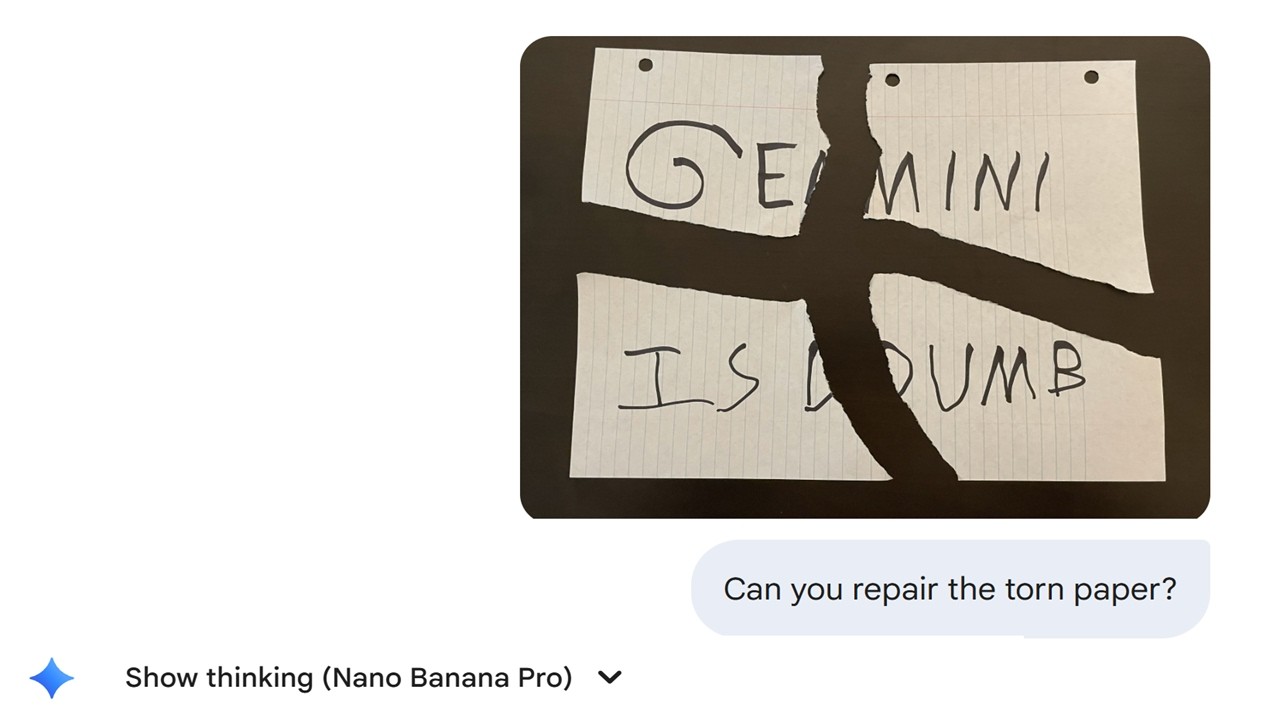 Can Gemini 3 repair a torn piece of paper?