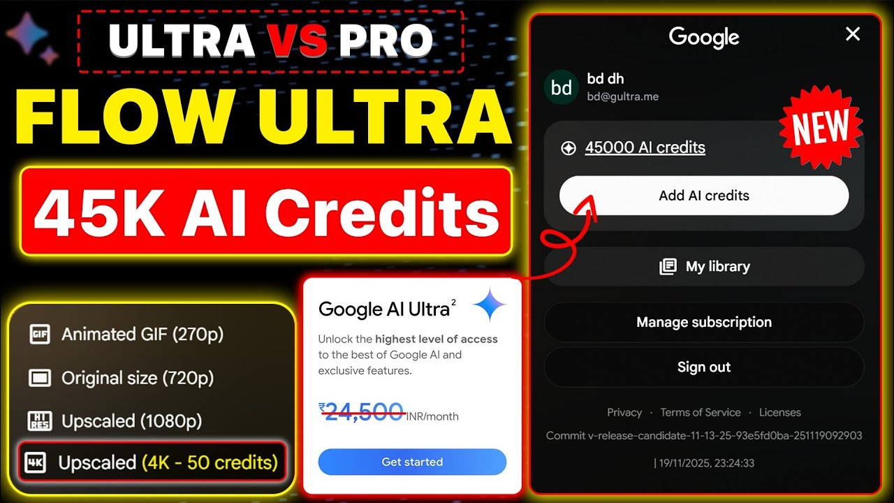 Gemini Ultra 45K Vs Pro 1K Ai Credits | Flow ( VEO 3.1 ) 4K Videos And Nano Banana Pro 4K images